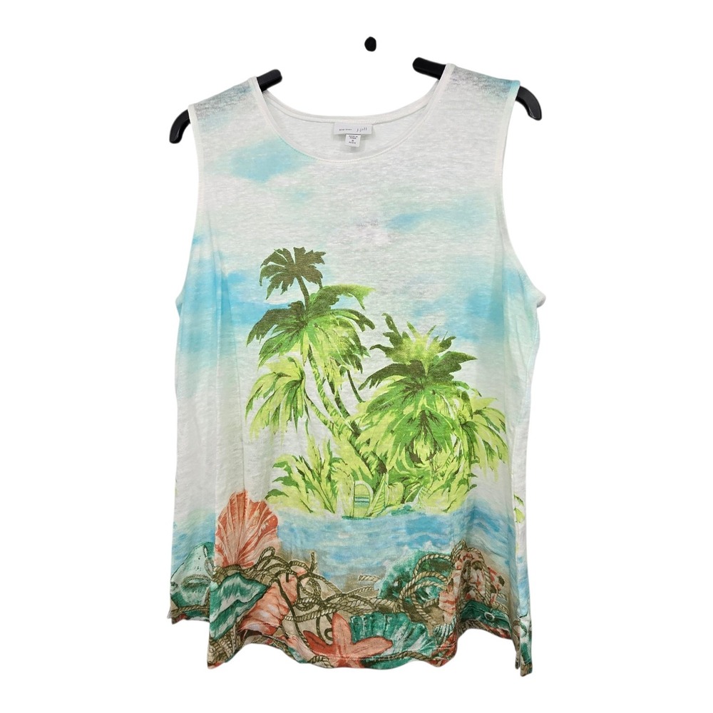 J. Jill Love Linen Tropical Scene Tank Top Women's Med Petite‎ 100% Linen Resort